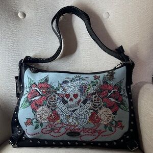 Ed Hardy Embellished Black and Blue Jeans Handbag